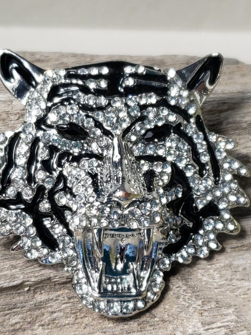 New Contemporary Tiger Rhinestone Brooch Silver Tone Metal Black Enamel